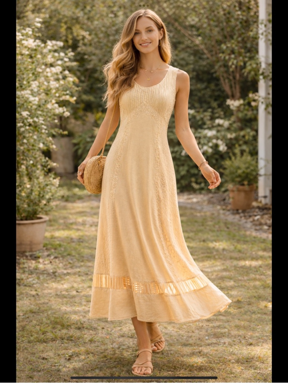 Boho Embroidered Maxi Dress Neutral Cream Adjustable Waist Tie Flowy Panel Hem